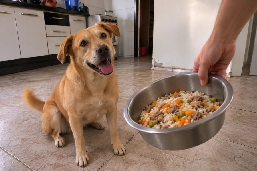 Cachorro sentado diante da tigela vazia, esperando a refeição