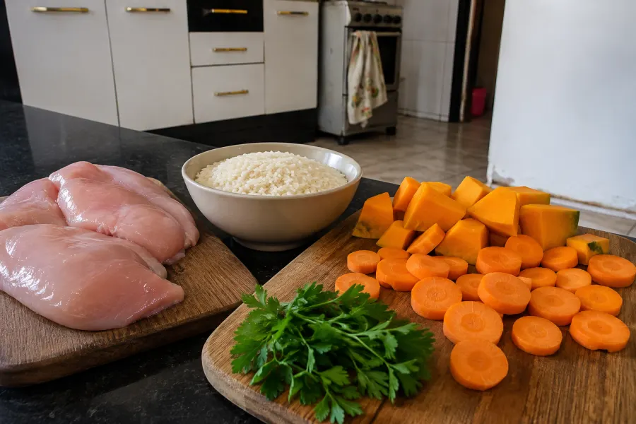 Legumes, arroz e carne separados sobre a bancada da cozinha