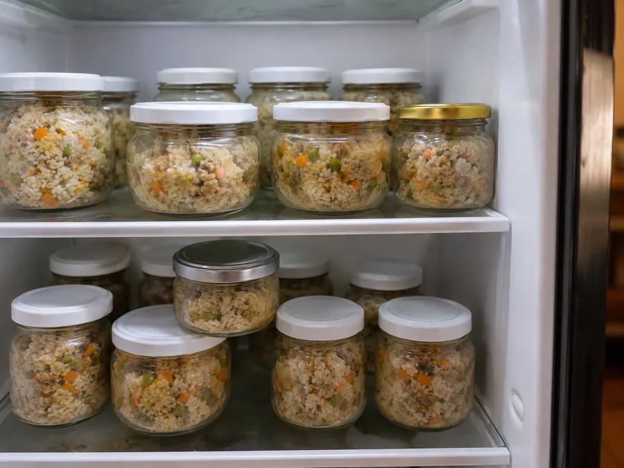 Potes de vidro com comida porcionada e etiquetada, guardados na geladeira