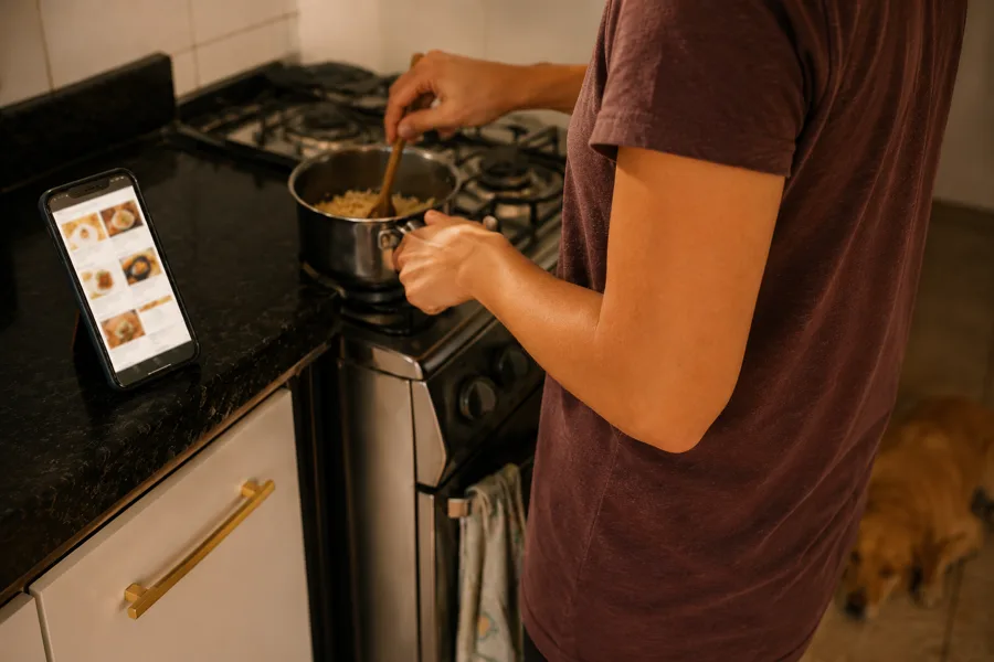 Pessoa sentada à mesa lendo um material de receitas, com o cachorro ao lado