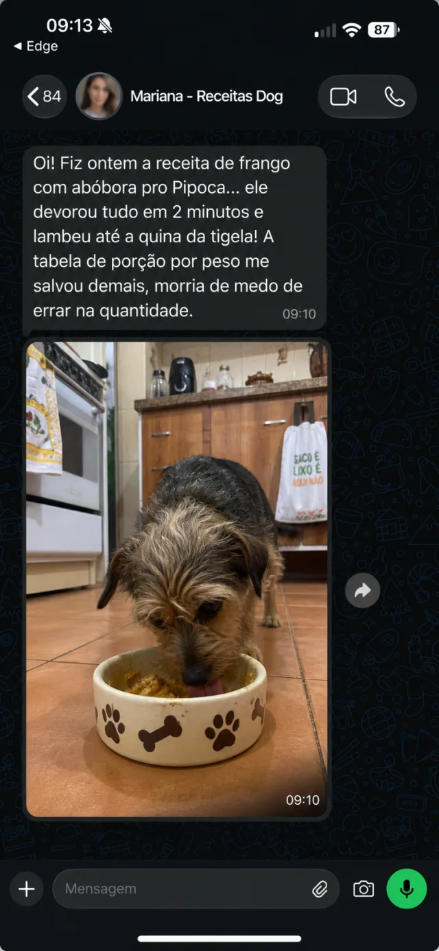 Depoimento da tutora Mariana sobre o cachorro Pipoca (5kg) comendo a receita de frango com abóbora e limpando a tigela