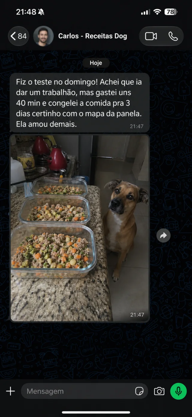 Depoimento do tutor Carlos sobre a cadela Luna (14kg) e a praticidade de congelar refeições com o mapa da panela