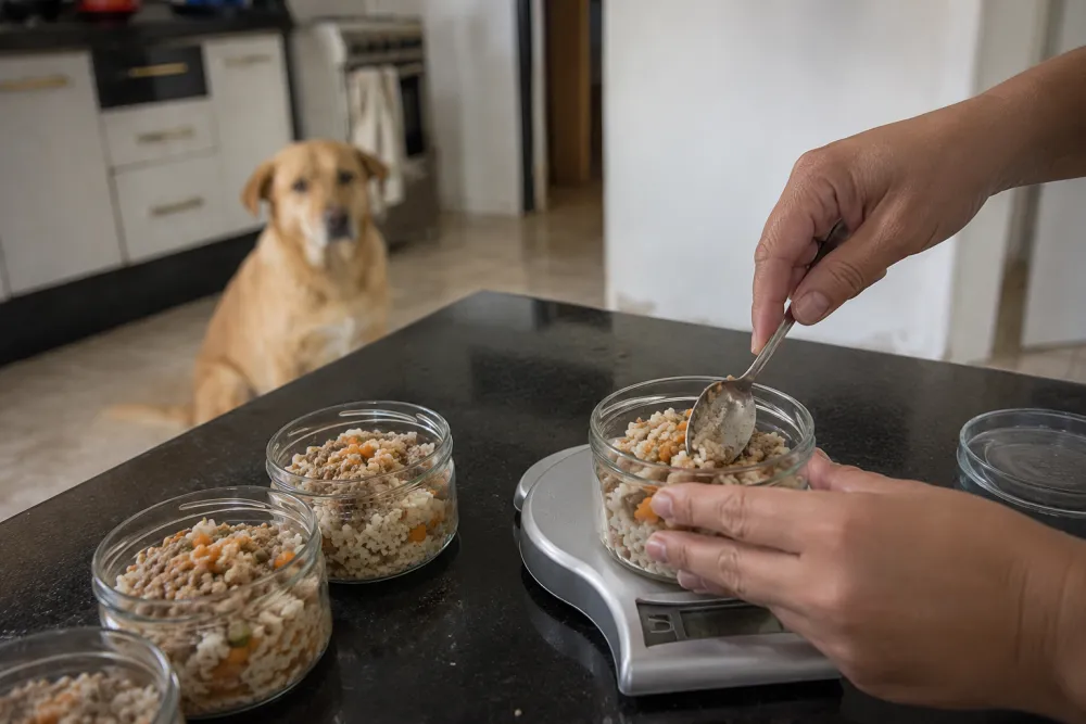 Mãos porcionando a receita em potes de vidro sobre uma balança de cozinha, com o cachorro esperando ao fundo