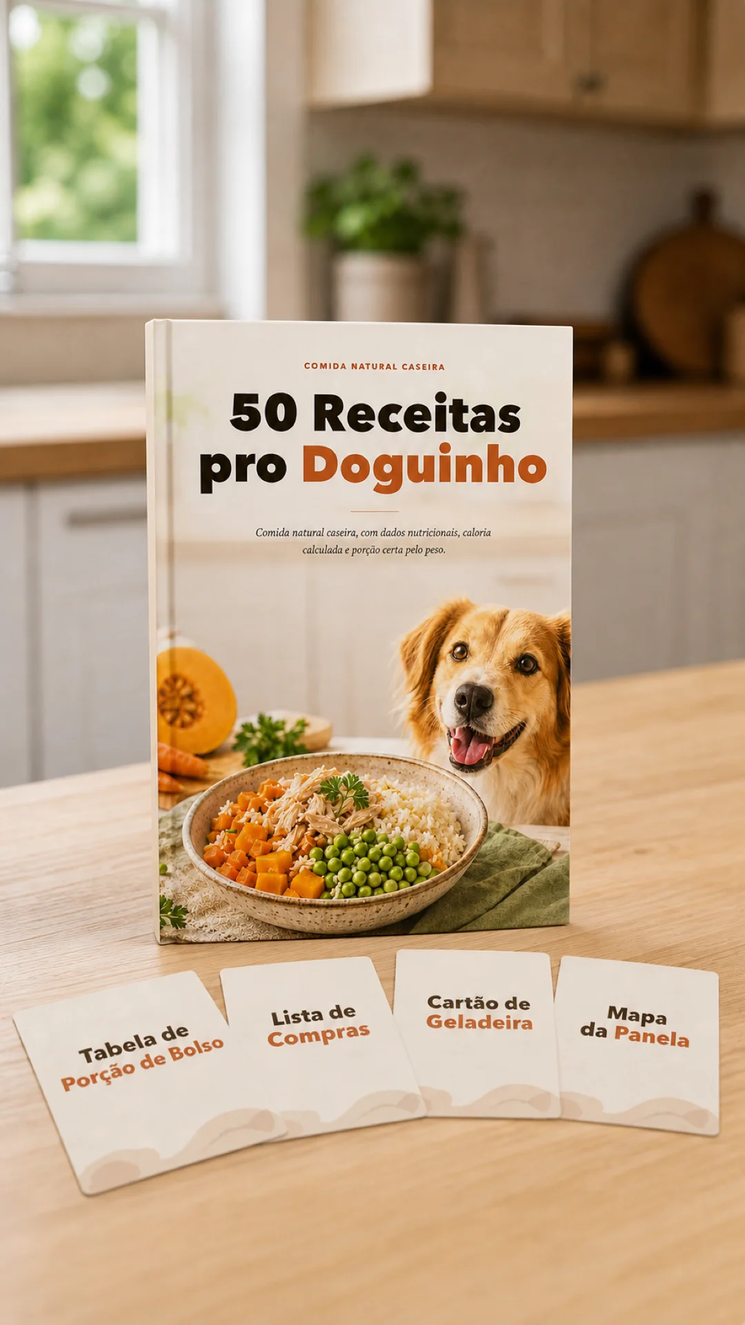 Mockup do Guia 50 Receitas pro Doguinho com os 4 imprimíveis